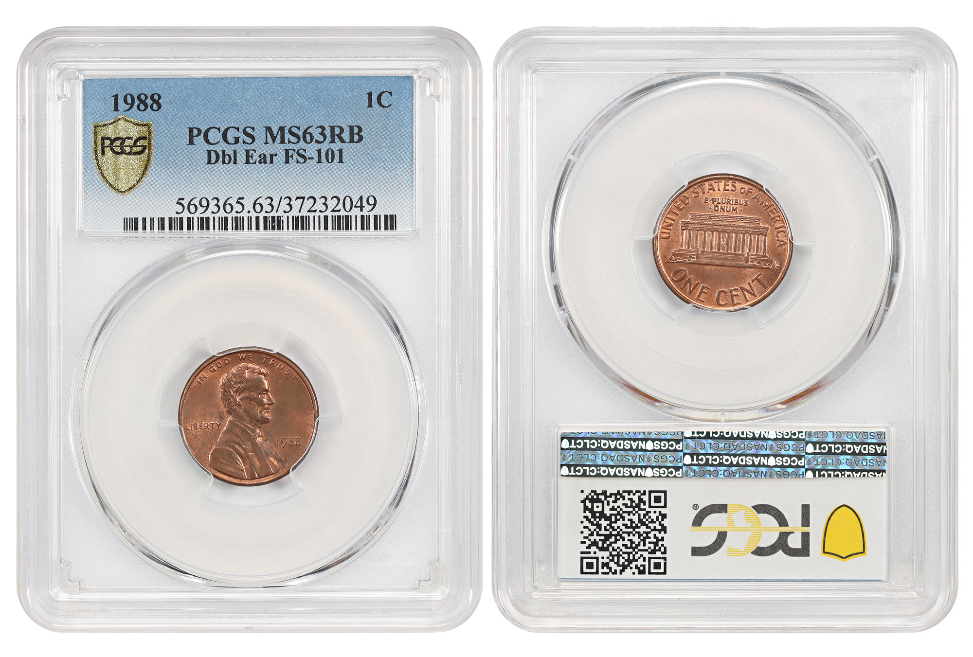Side-by-side comparison of 1988 penny normal earlobe (left) vs Doubled Ear FS-101 variety (right) under magnification