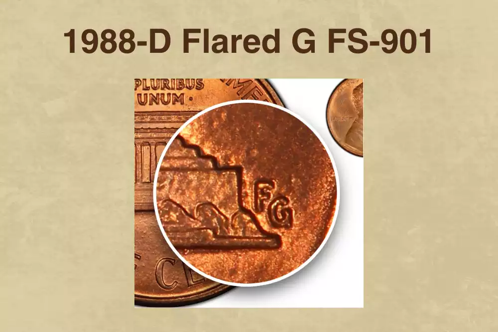 1988 penny Flared G FS-901 variety — close-up of the FG designer initials on the reverse showing the spread 'G' compared to the standard version