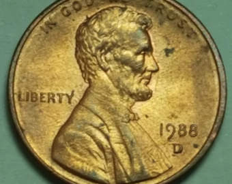 1988-D penny repunched mint mark (RPM) error — close-up showing overlapping D mint mark impressions below the date