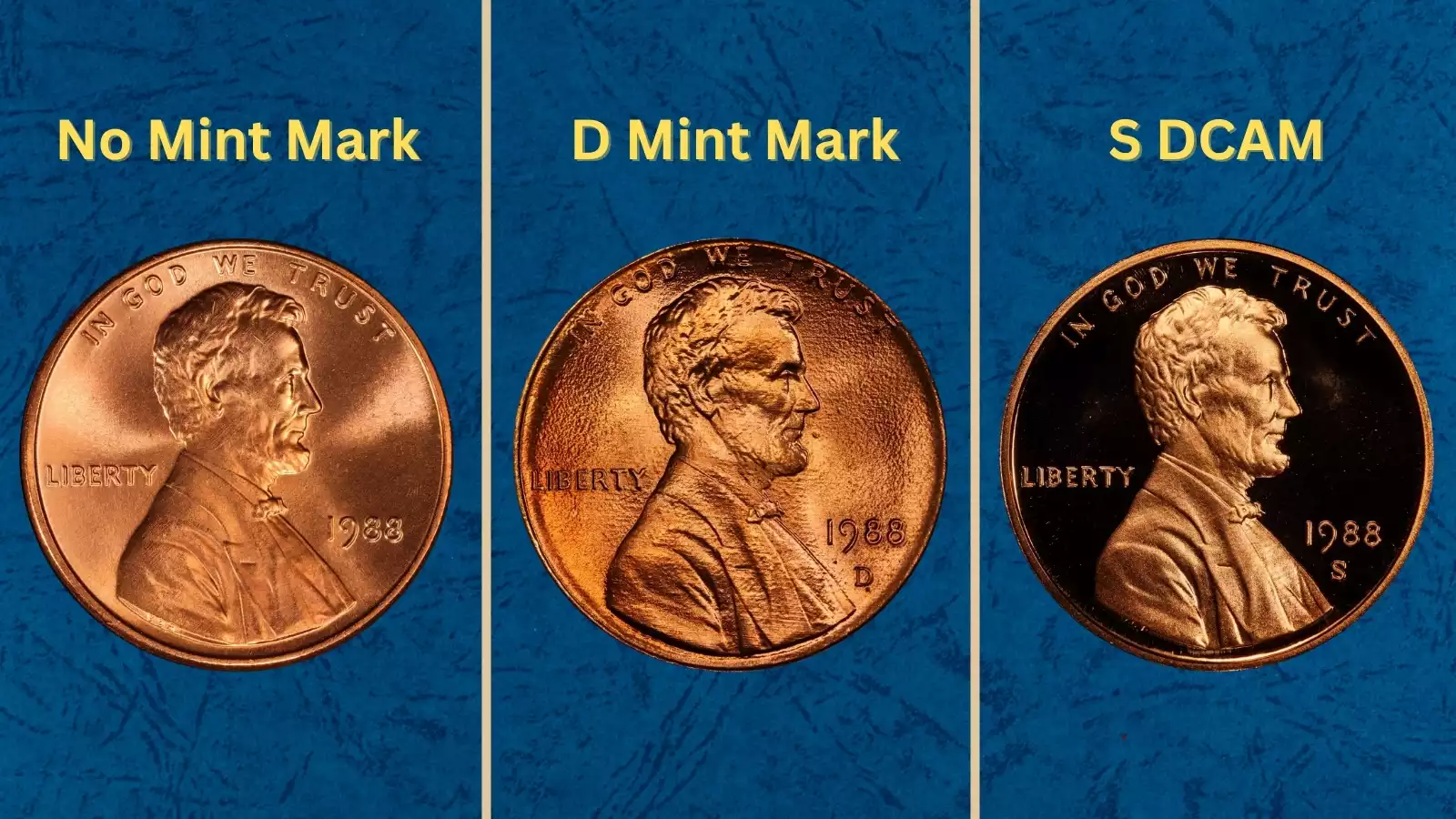 1988 penny grading strip showing four examples from worn (G) to gem uncirculated (MS65 RD) in a horizontal row
